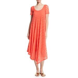 Fuzzi Short-Sleeve Asymmetric-Hem Dotted Orange Midi Dress Size L